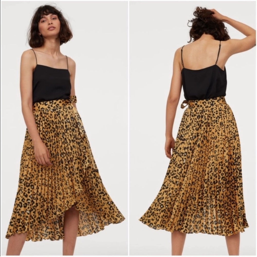 H&M leopard pleated wrap midi skirt size 8